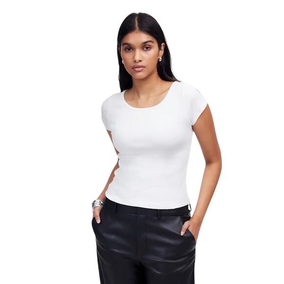 Madewell White Ribbed Cotton Cap Sleeve Crewneck Tee Top Size M NWT - Picture 1 of 9